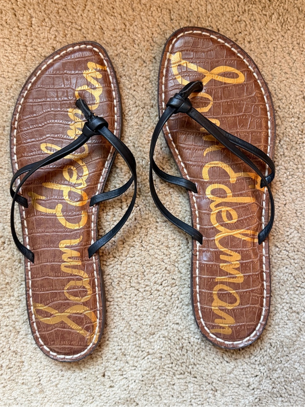 Sam Edelman Black Strappy Sandals with Brown Croc-Embossed Footbed